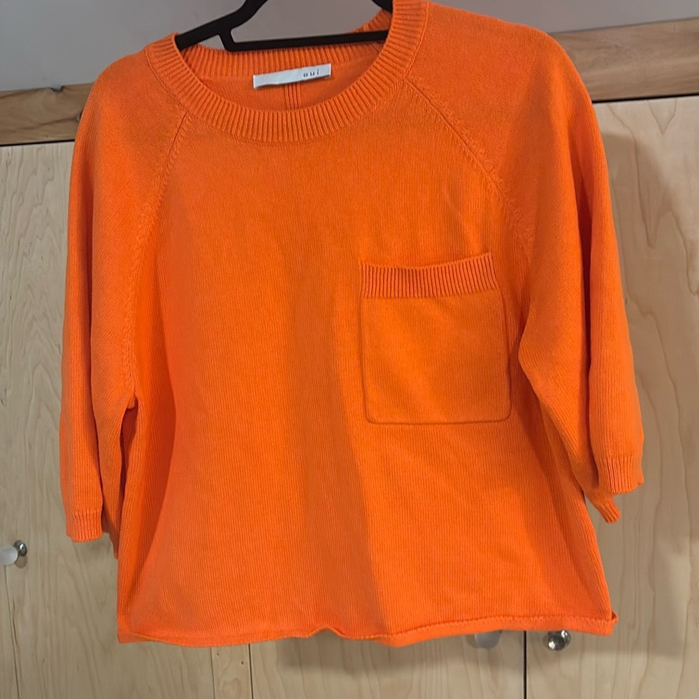 Oui Viscose Cotton Short Sleeves Crew Neck Sweater Top Orange Minimalist Sz 6